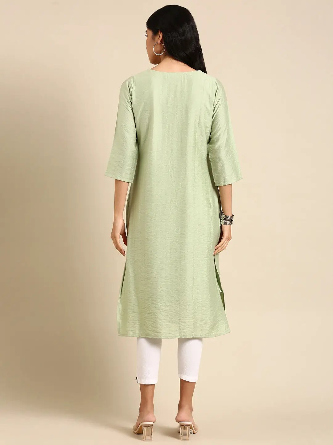Women's Green Embellished Straight Kurta