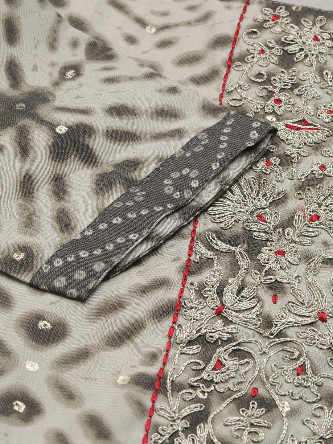 Women's Grey Dyed Thread Work Chanderi Cotton Kurta Set