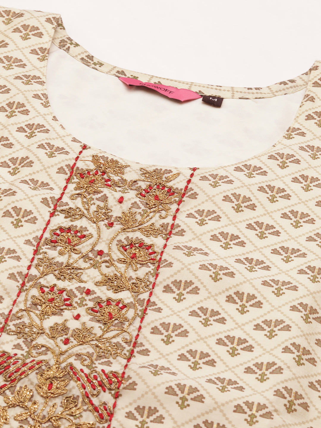 Women's Cream Printed Poly Silk Straight Kurta Set