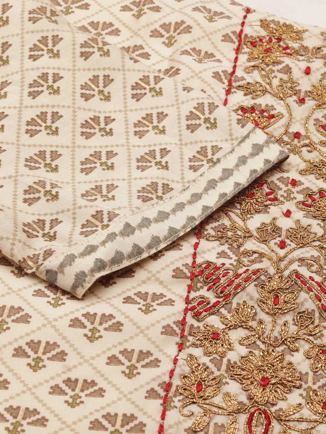 Women's Cream Printed Poly Silk Straight Kurta Set