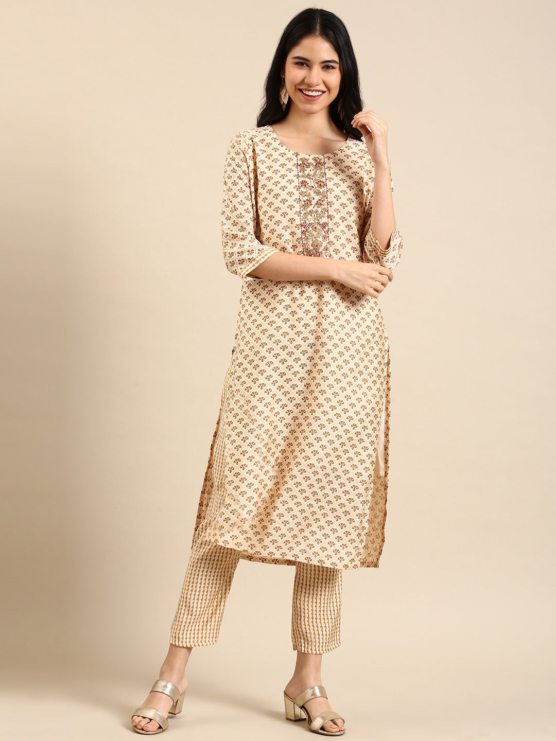 Women's Cream Printed Poly Silk Straight Kurta Set