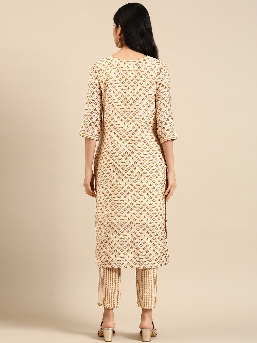 Women's Cream Printed Poly Silk Straight Kurta Set