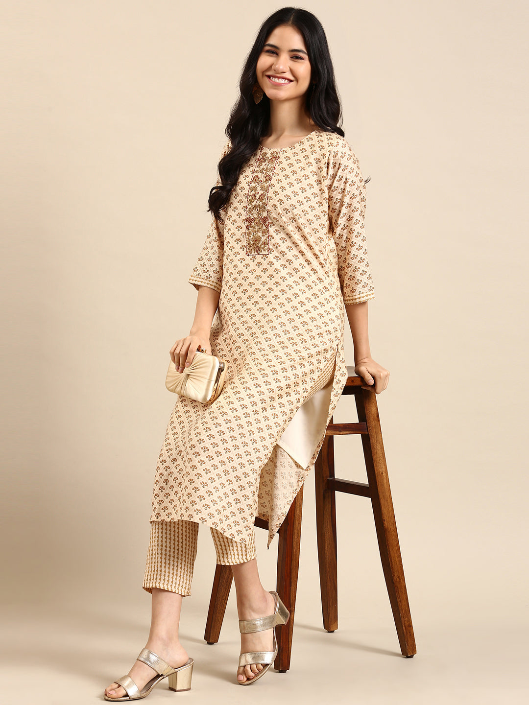 Women's Cream Printed Poly Silk Straight Kurta Set