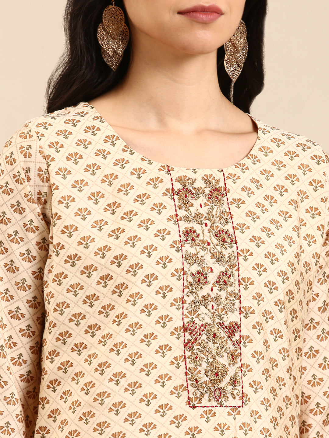 Women's Cream Printed Poly Silk Straight Kurta Set