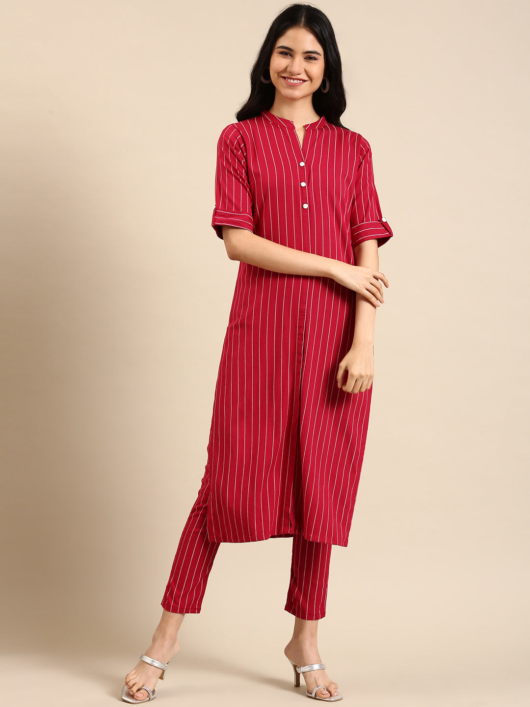 Women's Magenta Striped Kurta Set