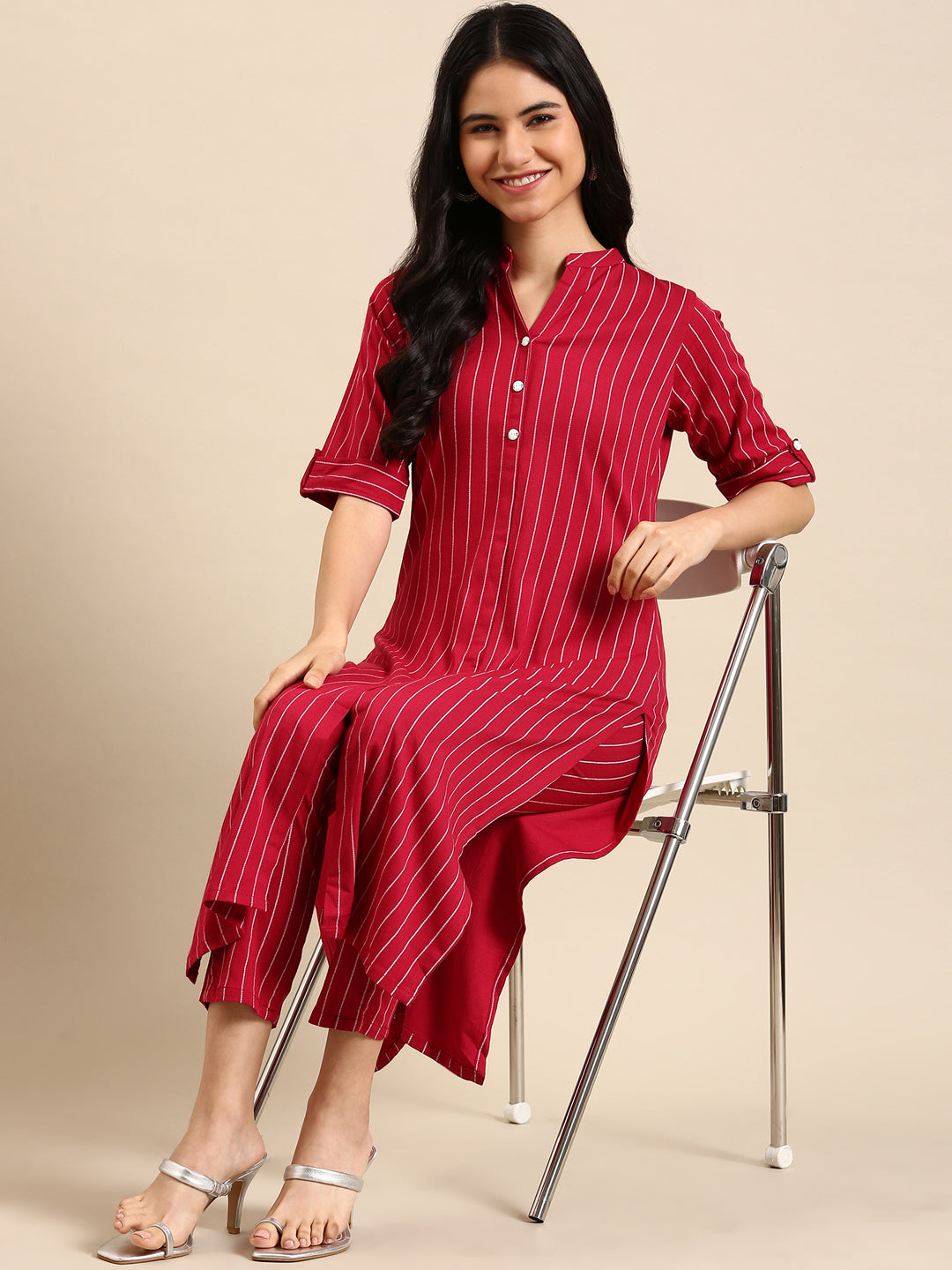 Women's Magenta Striped Kurta Set