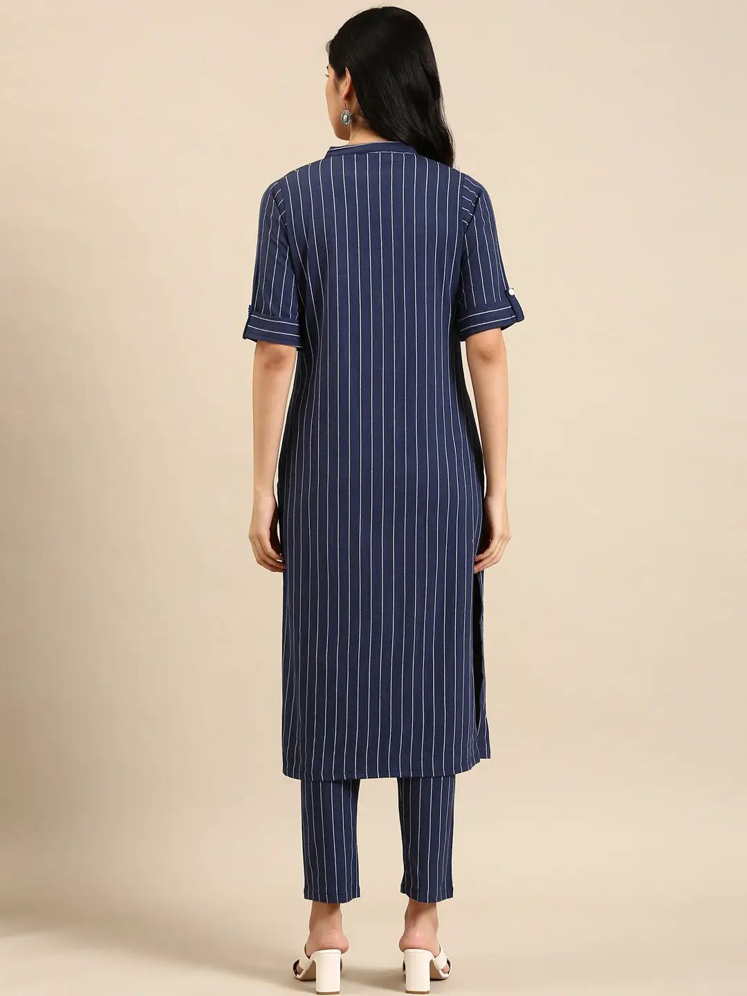 Women's Navy Blue Striped Kurta Set