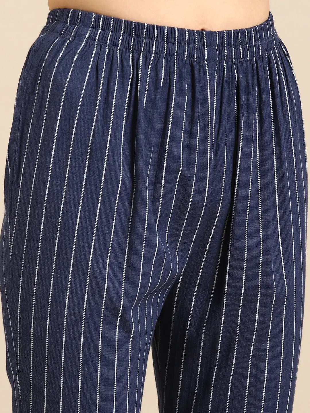 Women's Navy Blue Striped Kurta Set