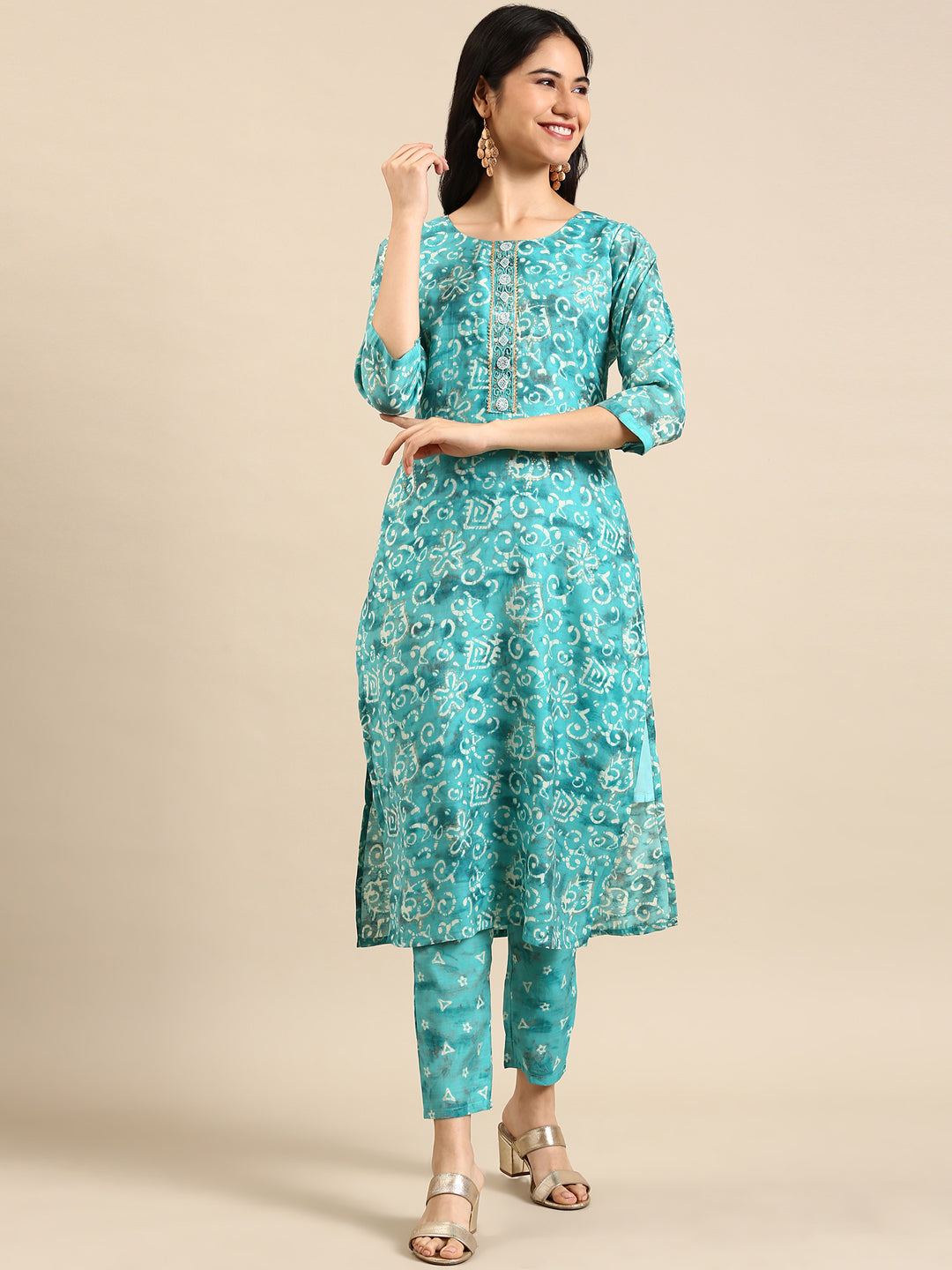 Women's Turquoise Blue Printed Kurta Set