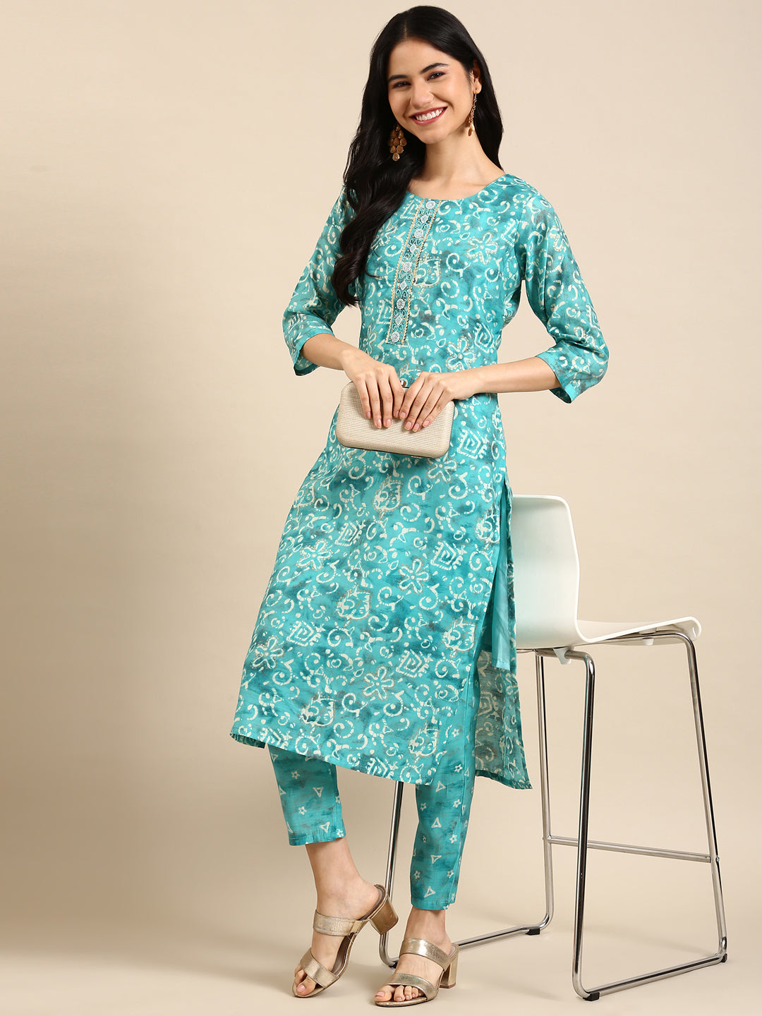 Women's Turquoise Blue Printed Kurta Set