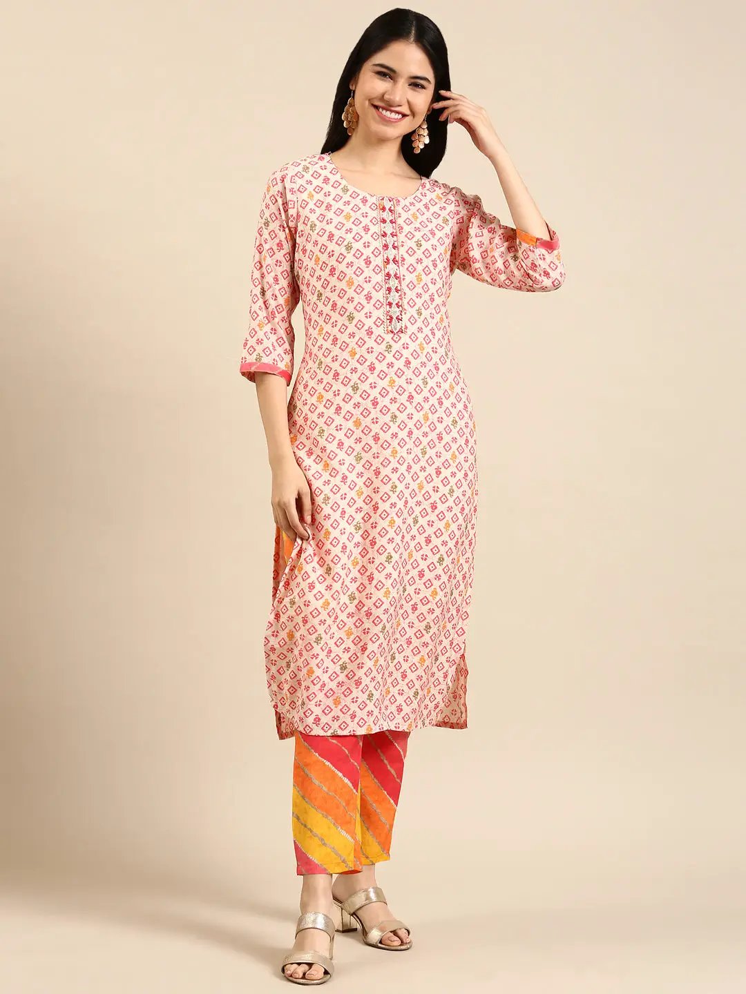 Women's Cream Printed Kurta Set