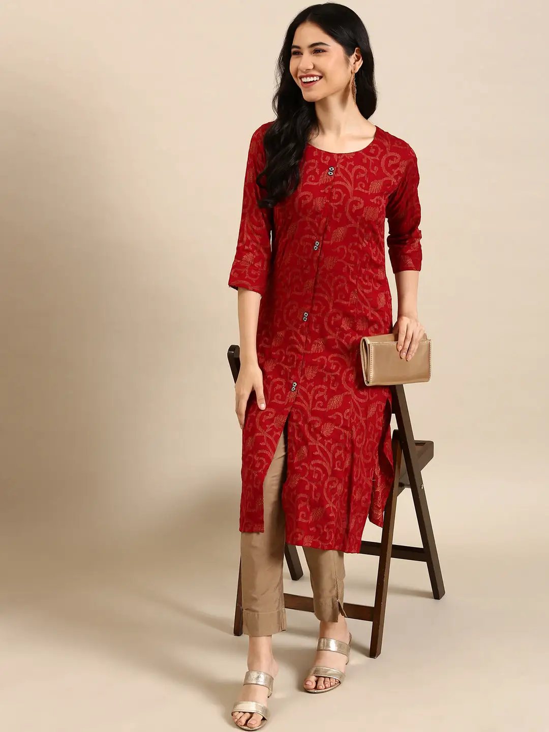 Women's Maroon Solid Straight Kurta