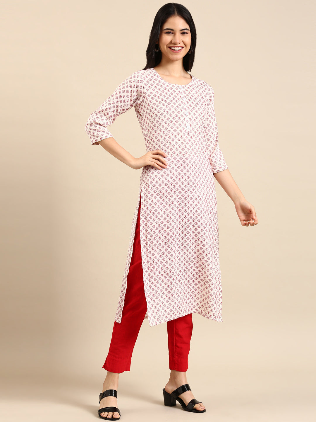 Women's Off White Printed Straight Kurta