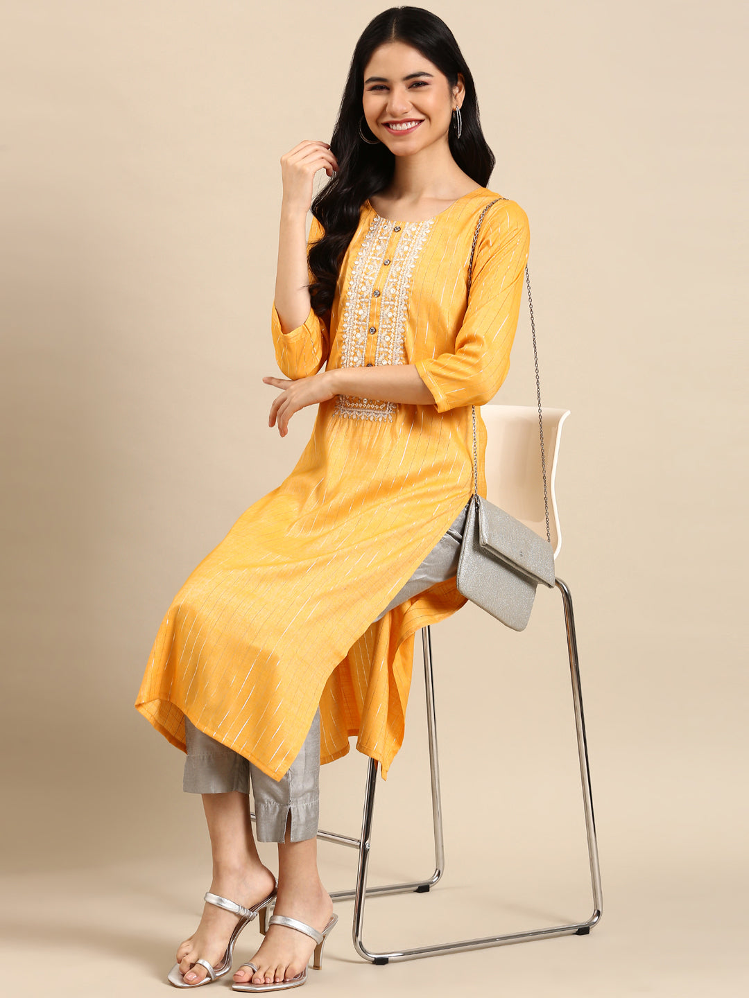 Women's Yellow Printed Straight Kurta