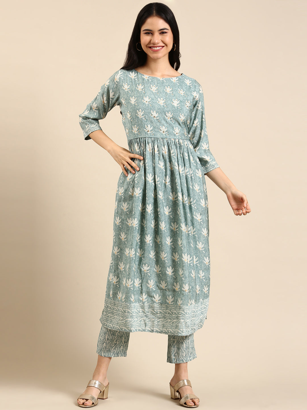 Women's Sea Green Printed Kurta Set