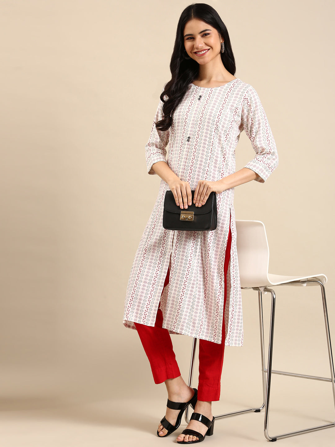 Women's White Printed Straight Kurta