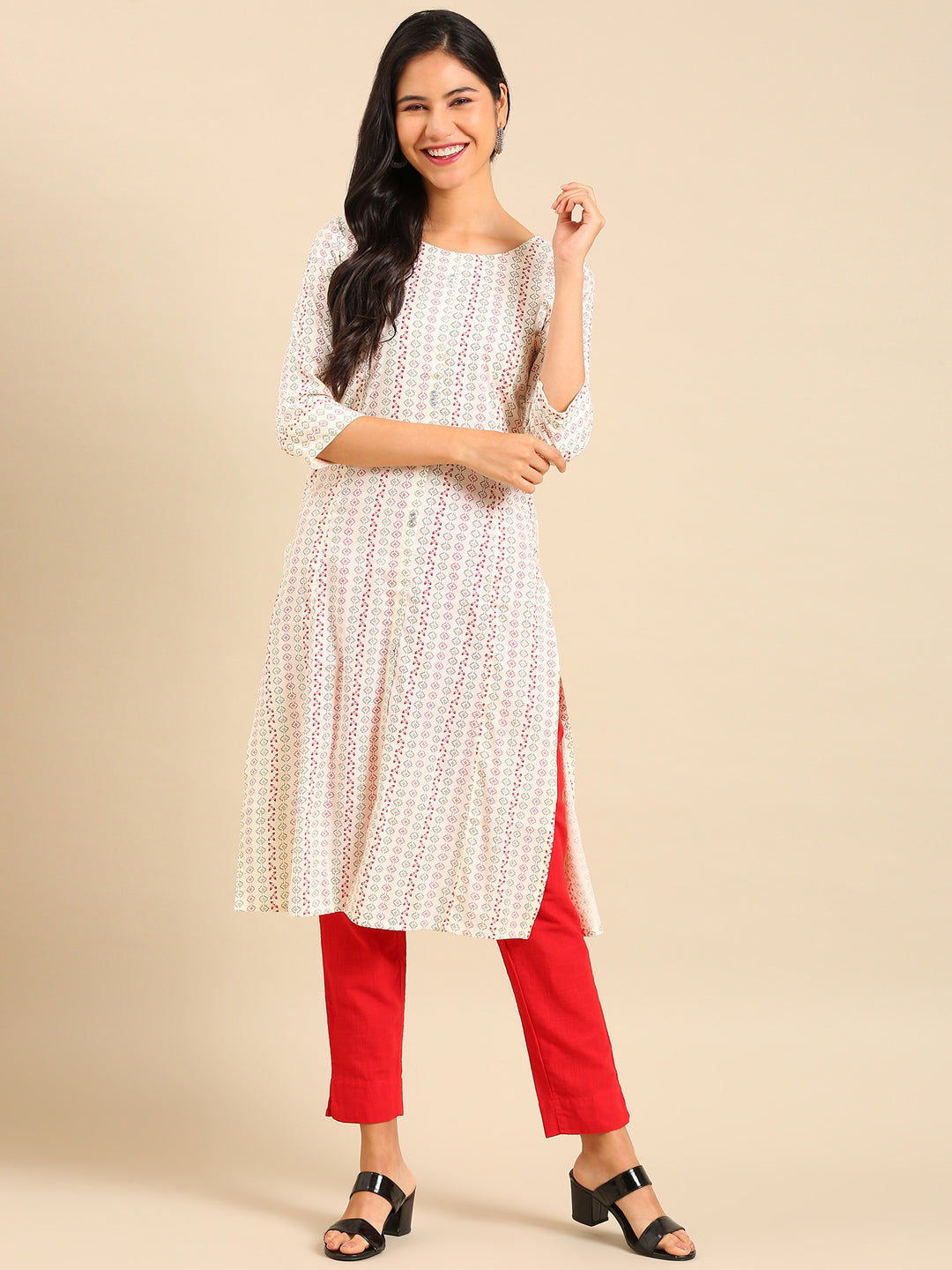 Women's White Printed Straight Kurta