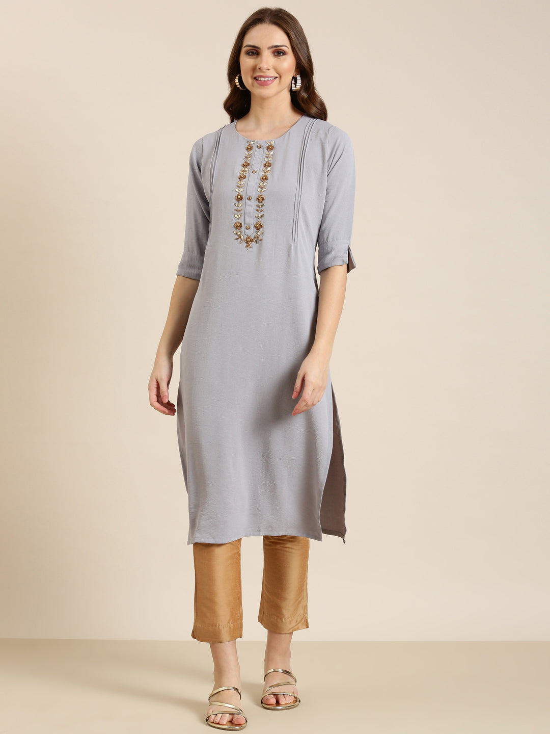 Women Grey Solid Straight Kurta