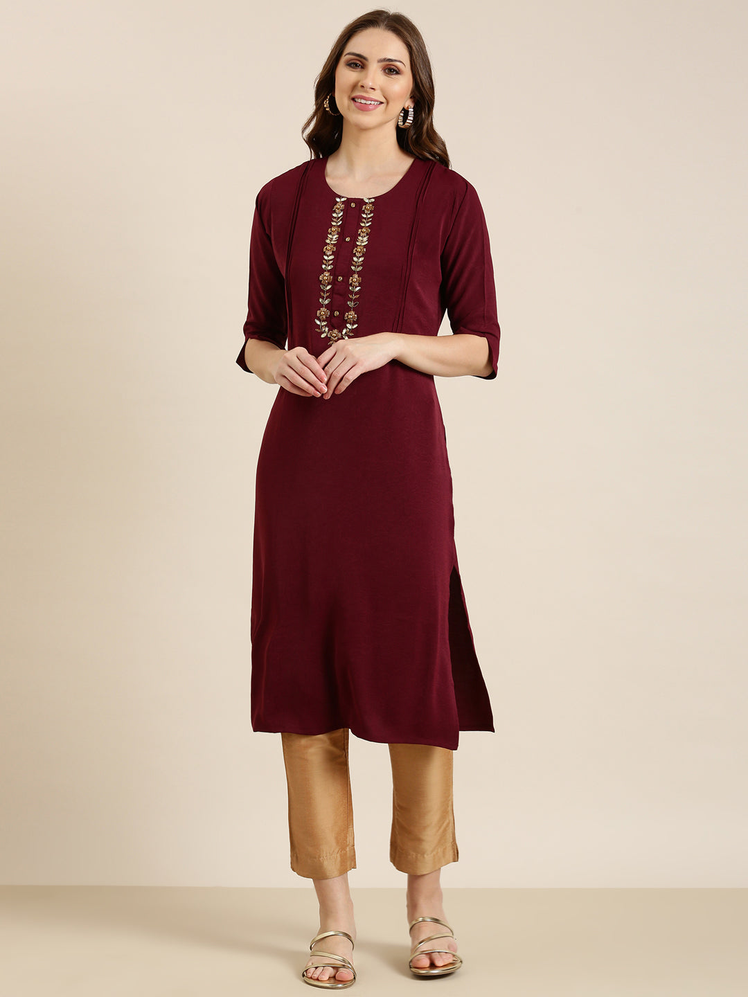 Women Maroon Solid Straight Kurta