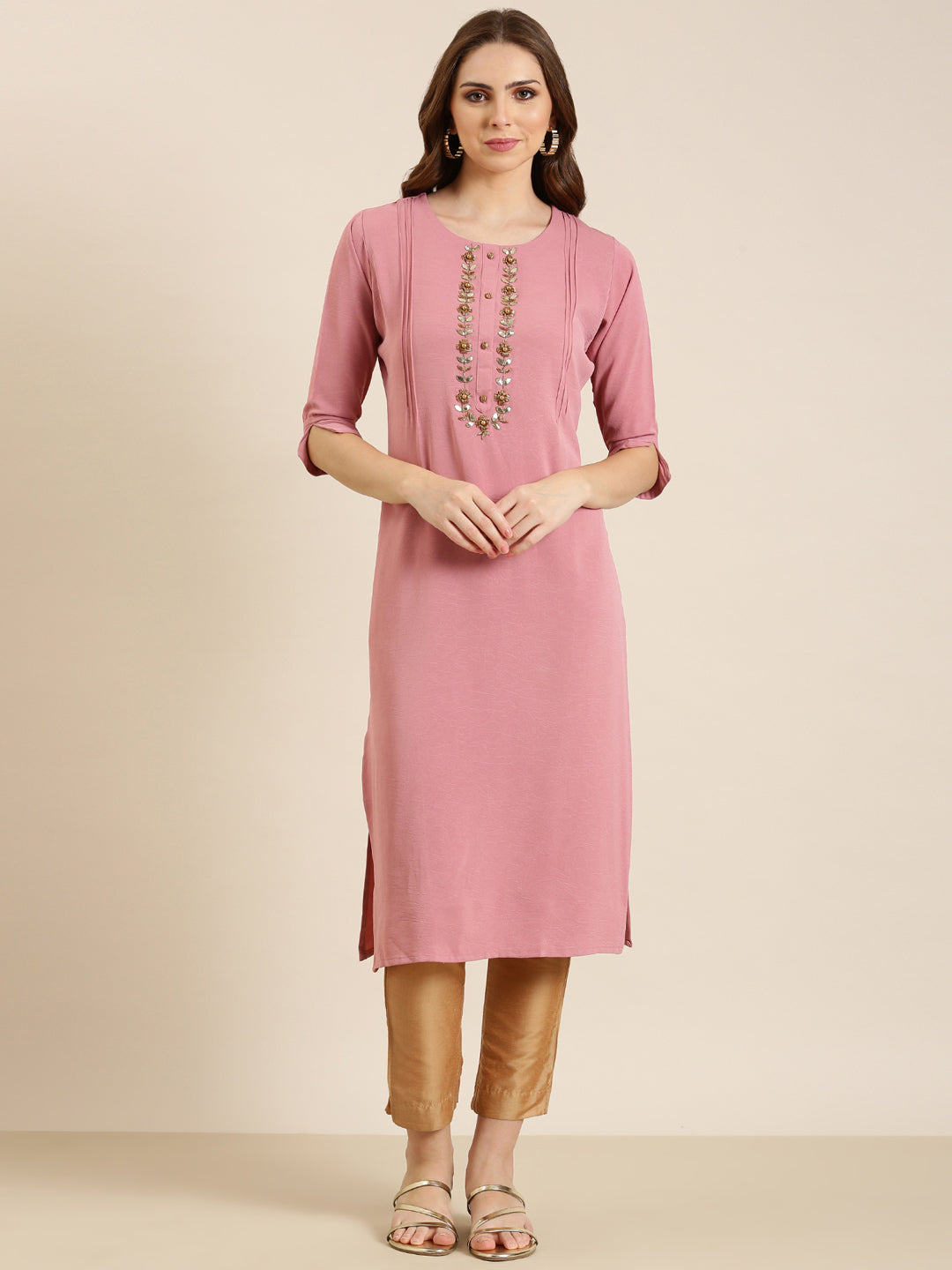 Women Pink Solid Straight Kurta