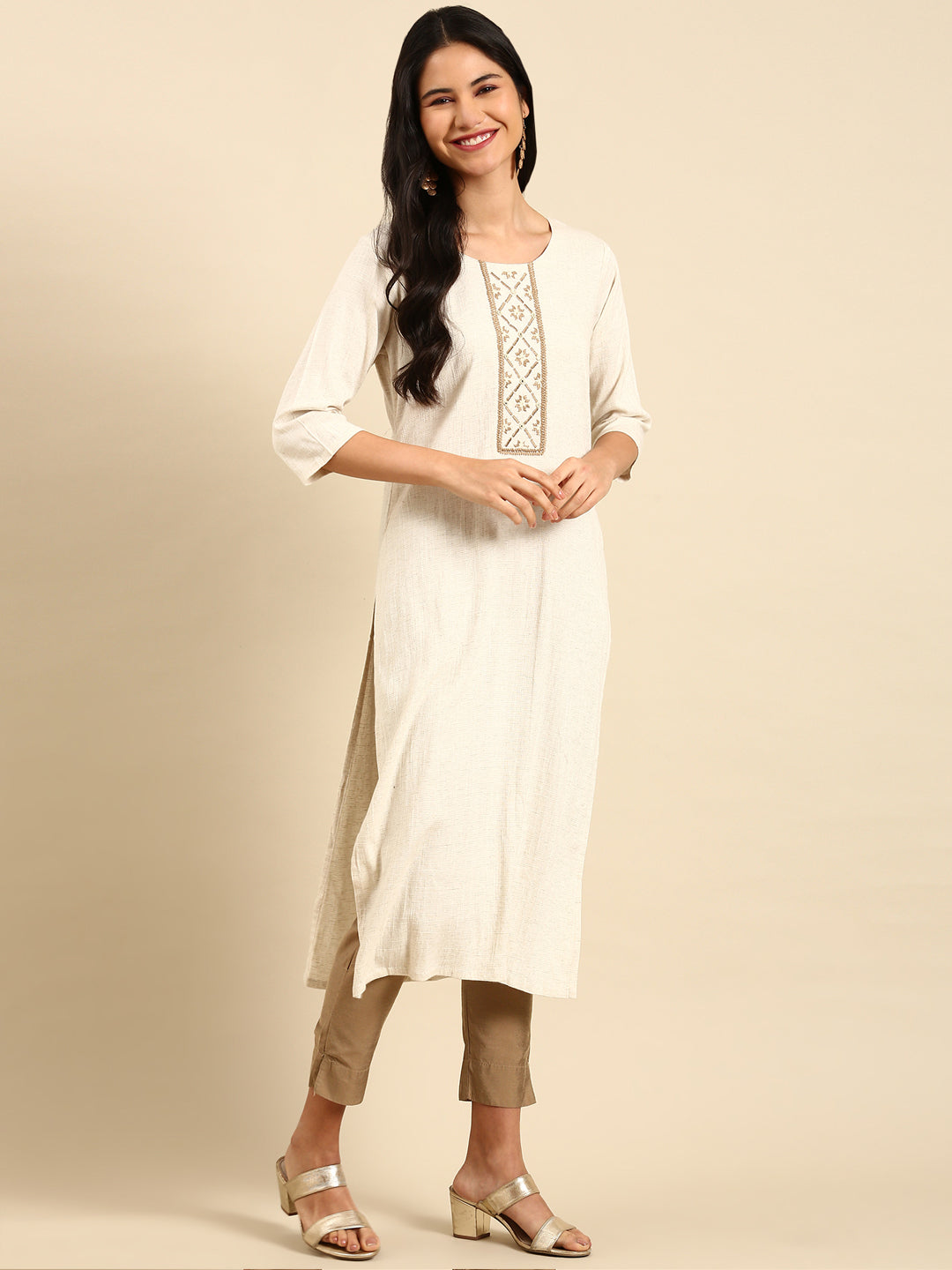 Women's Off White Printed Straight Kurta