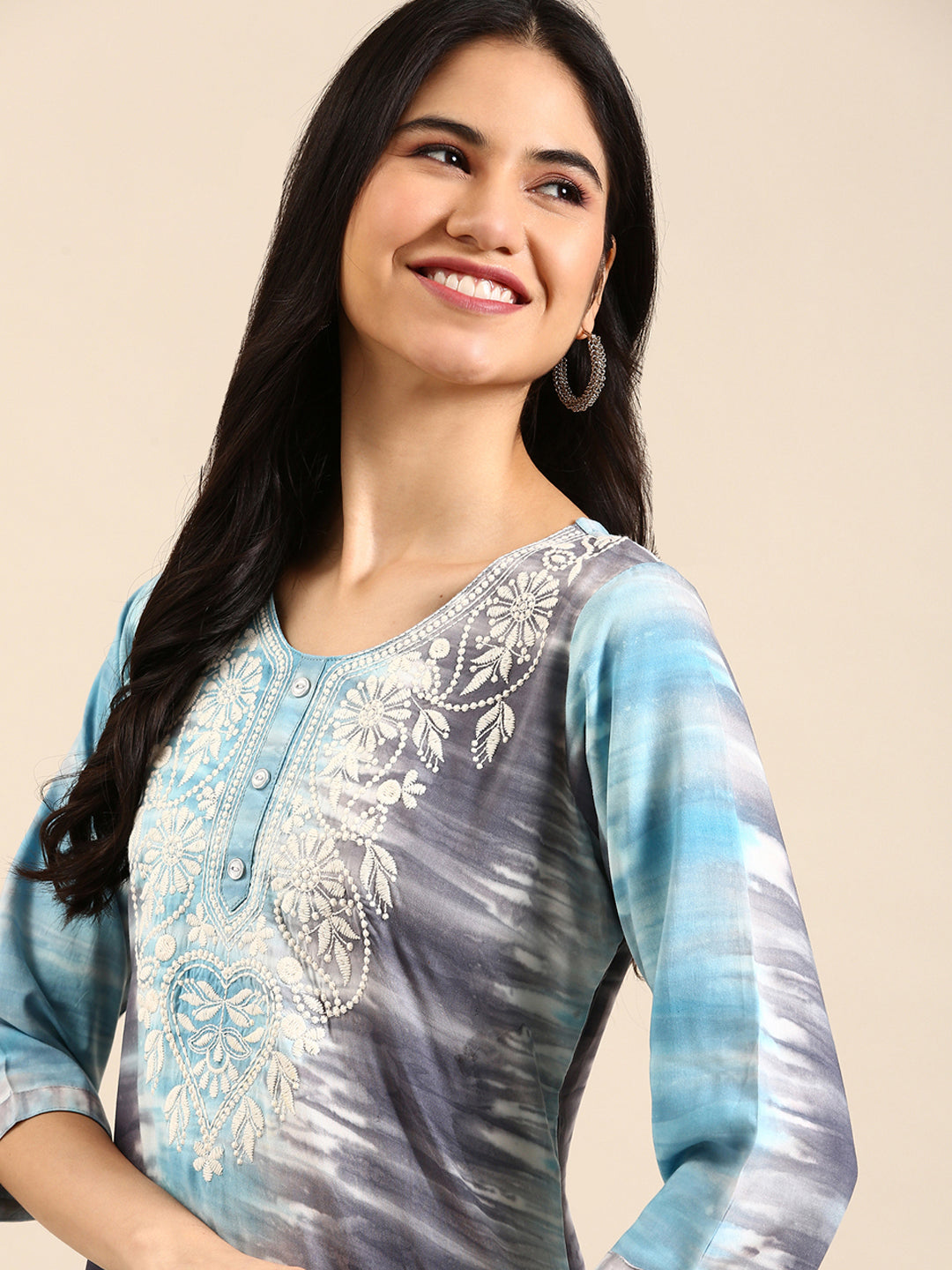 Women's Blue Printed Straight Kurta