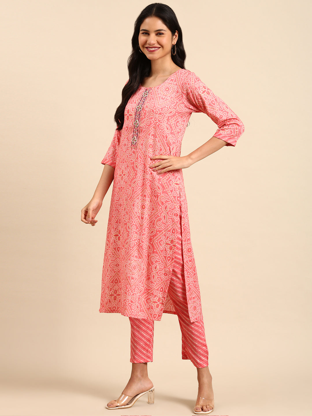 Women's Coral Bandhani Printed Beads and Stones Kurta Set with Dupatta