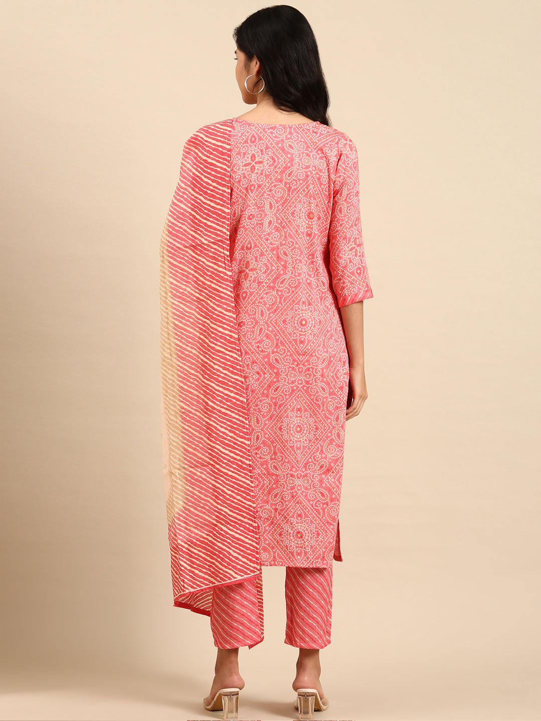 Women's Coral Bandhani Printed Beads and Stones Kurta Set with Dupatta