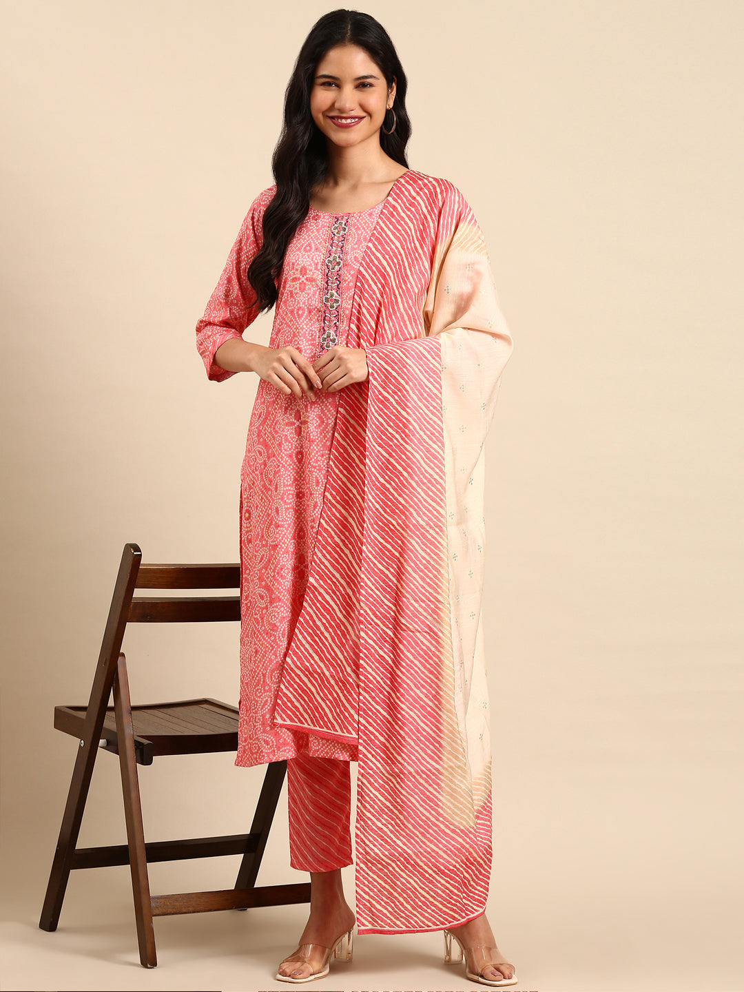 Women's Coral Bandhani Printed Beads and Stones Kurta Set with Dupatta