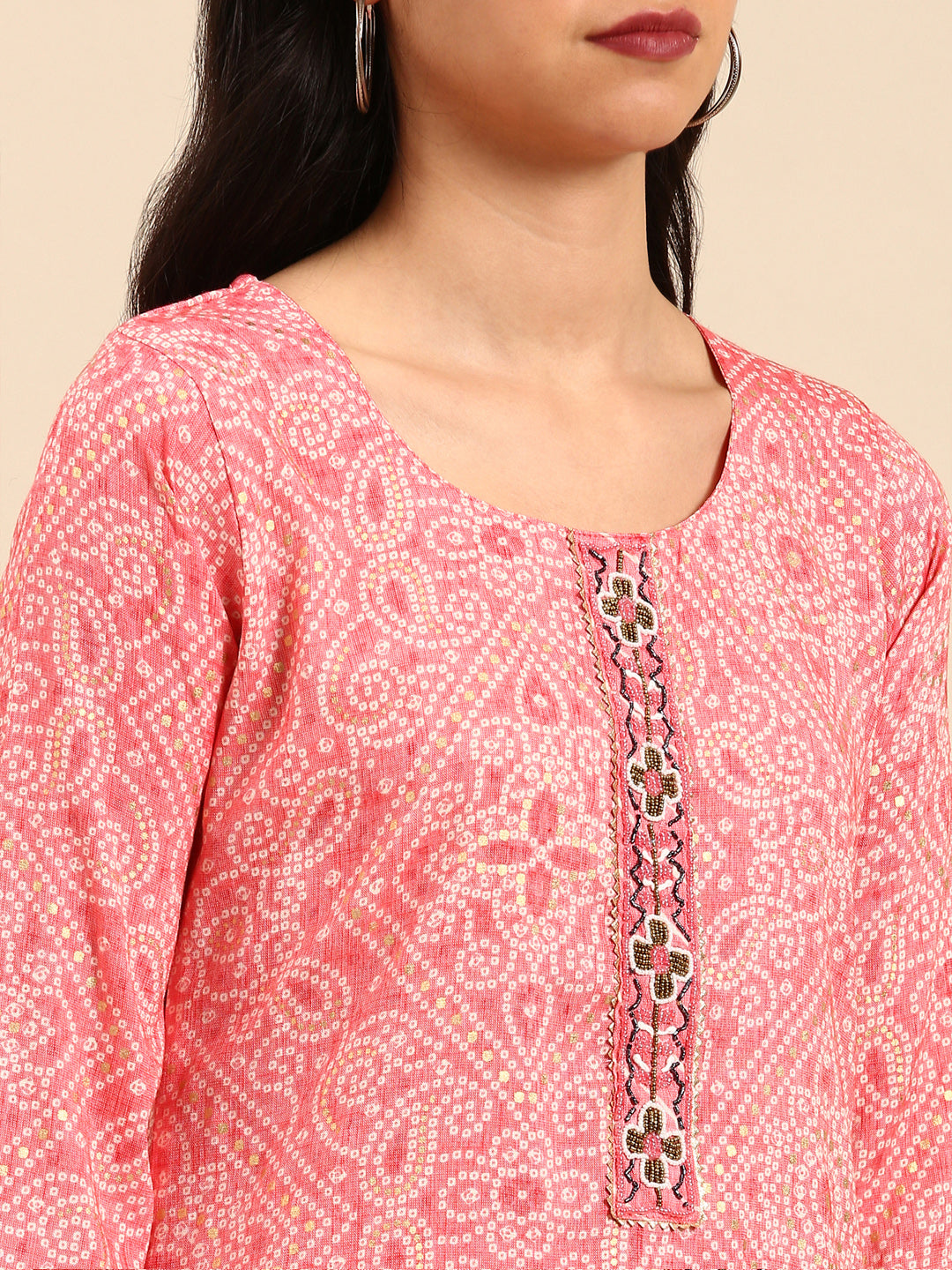 Women's Coral Bandhani Printed Beads and Stones Kurta Set with Dupatta