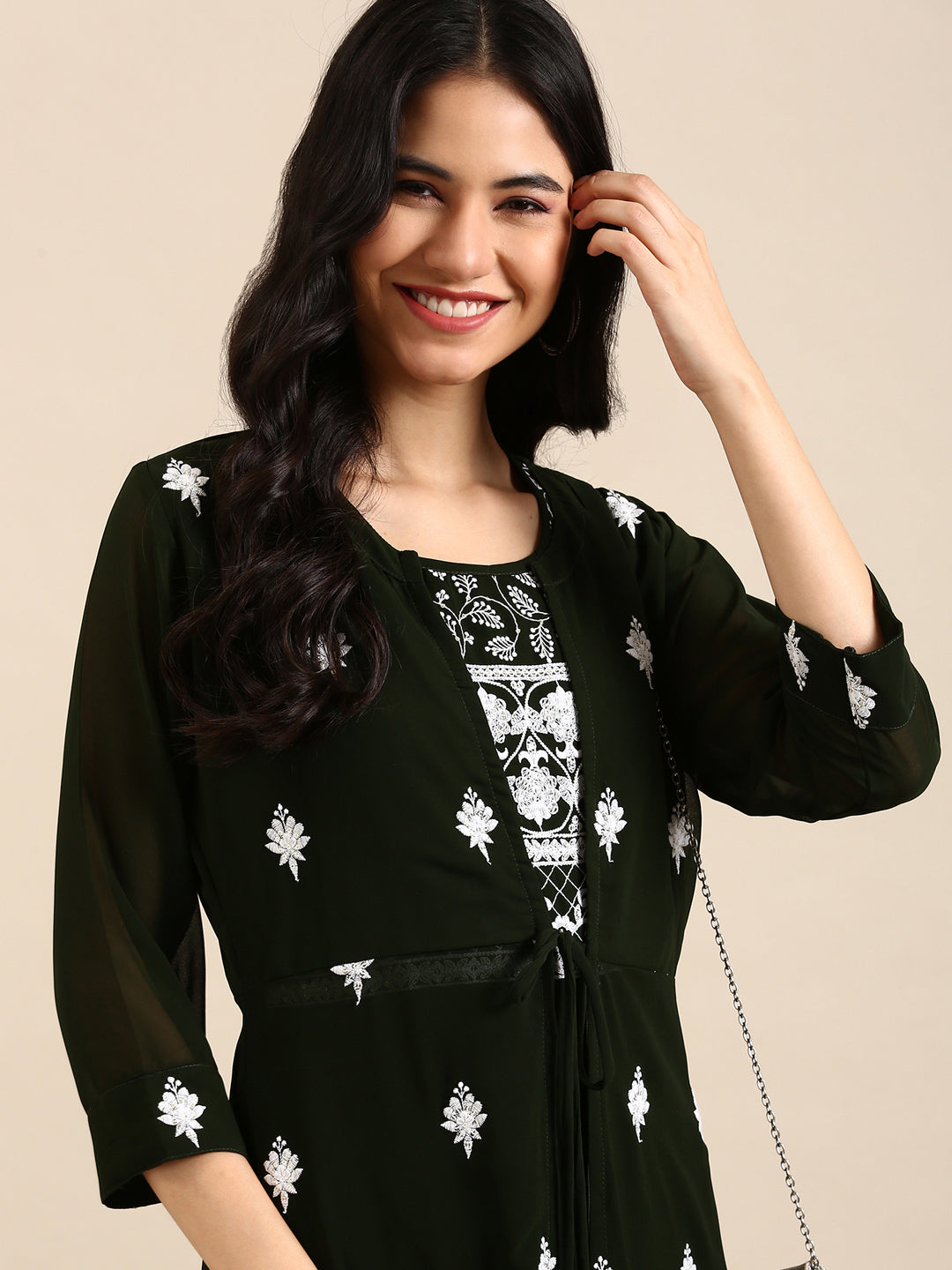 Women's Green Embroidered A-Line Kurta