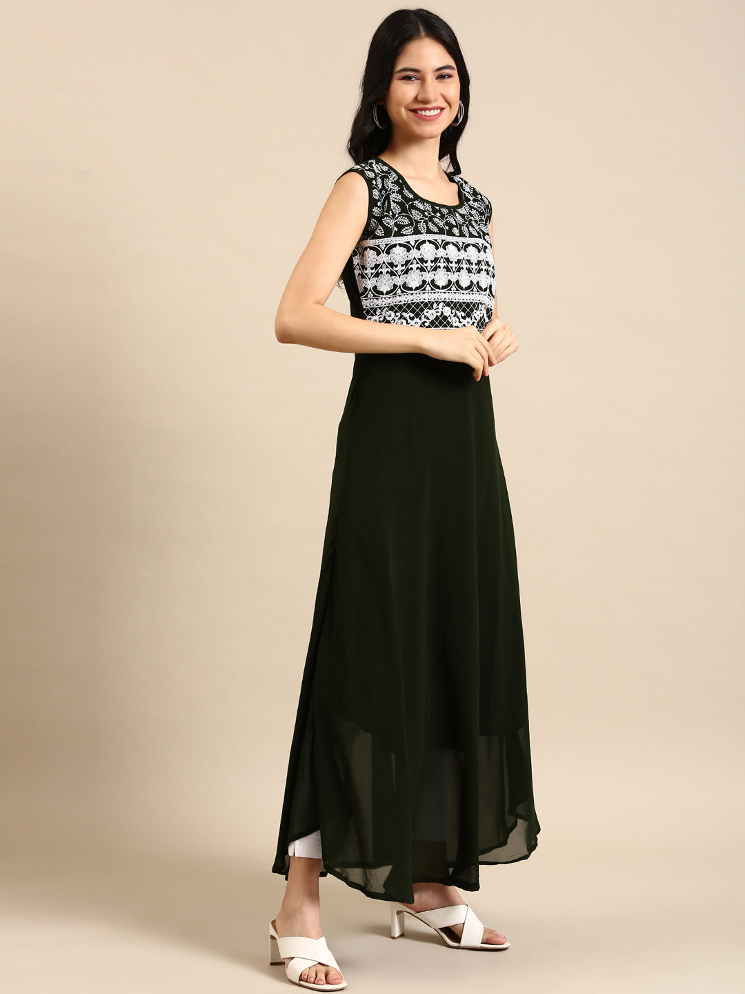 Women's Green Embroidered A-Line Kurta