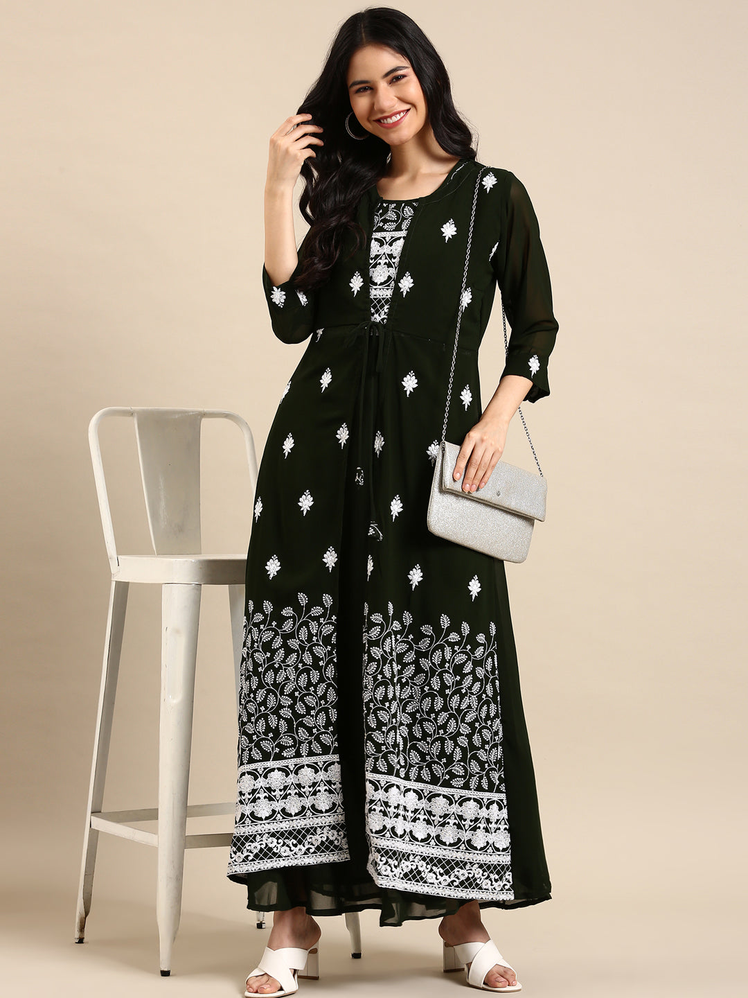 Women's Green Embroidered A-Line Kurta