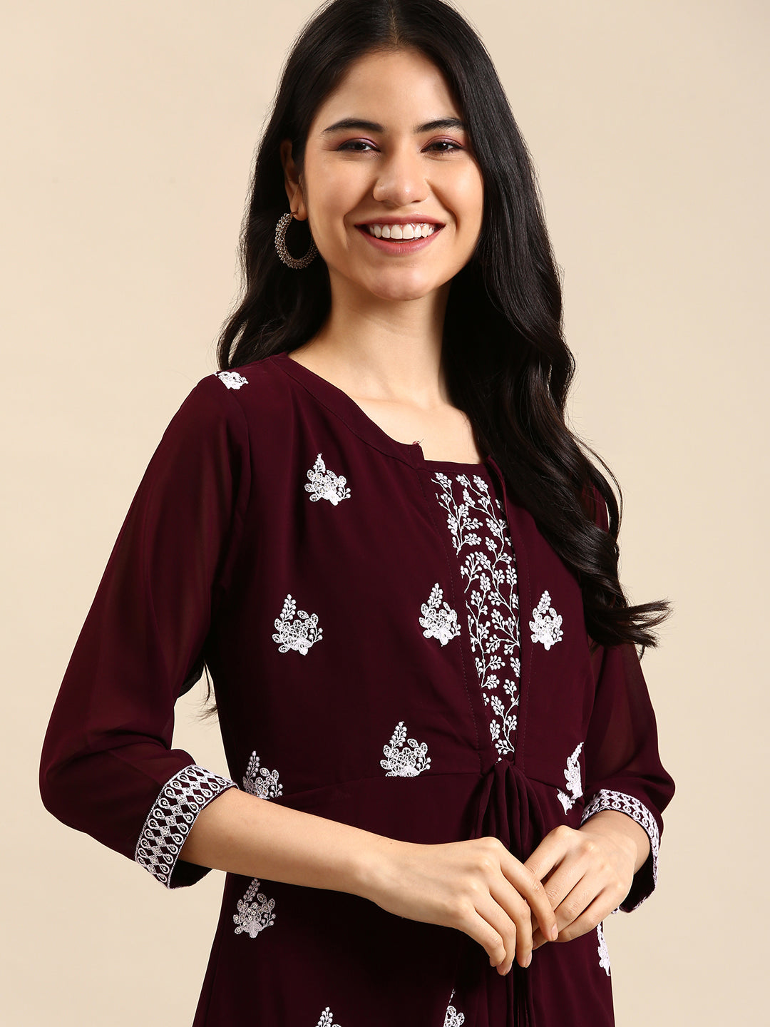 Women's Red Embroidered A-Line Kurta