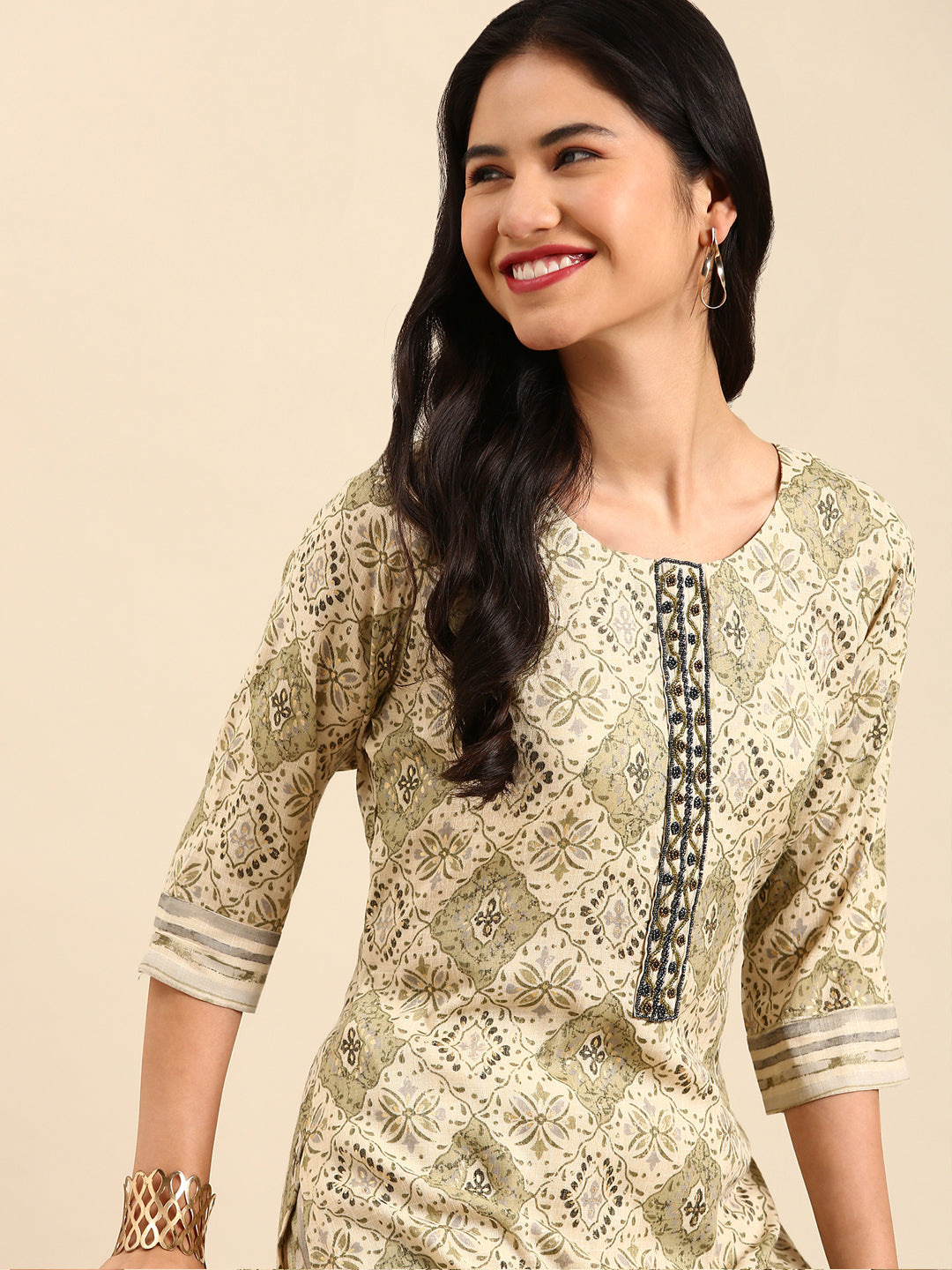 Women's Beige Printed Kurta Set