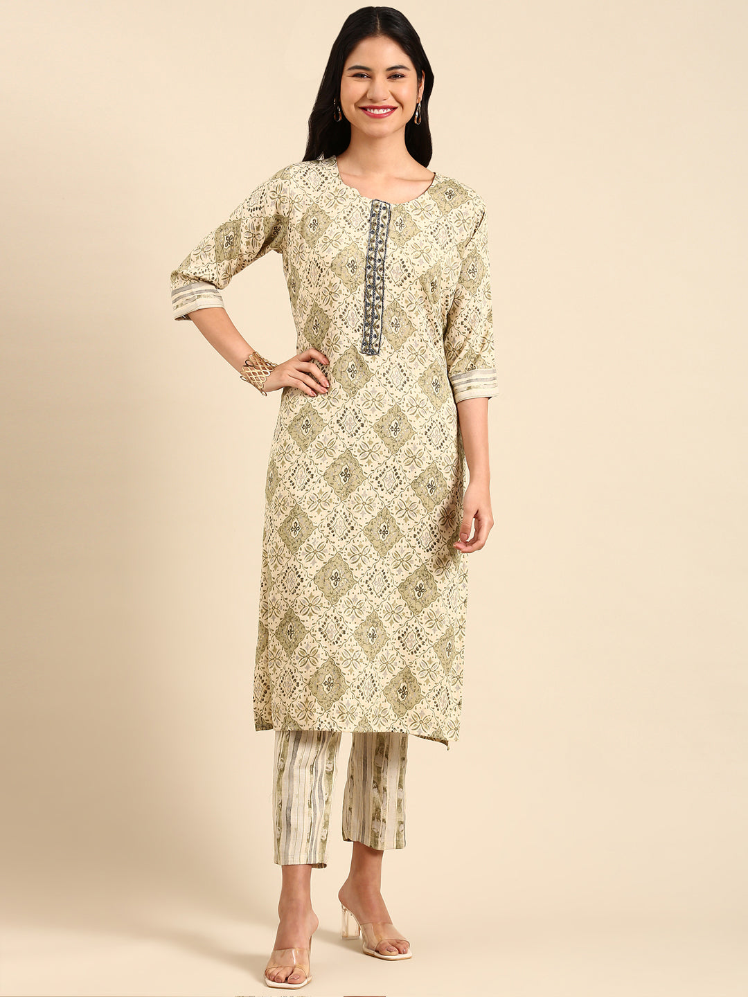 Women's Beige Printed Kurta Set