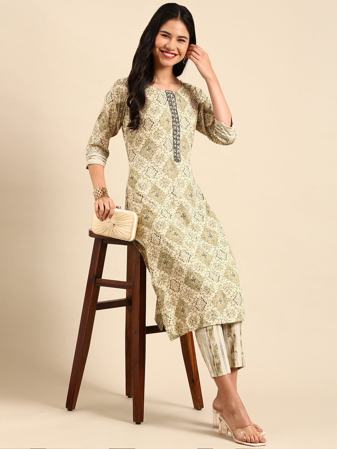 Women's Beige Printed Kurta Set