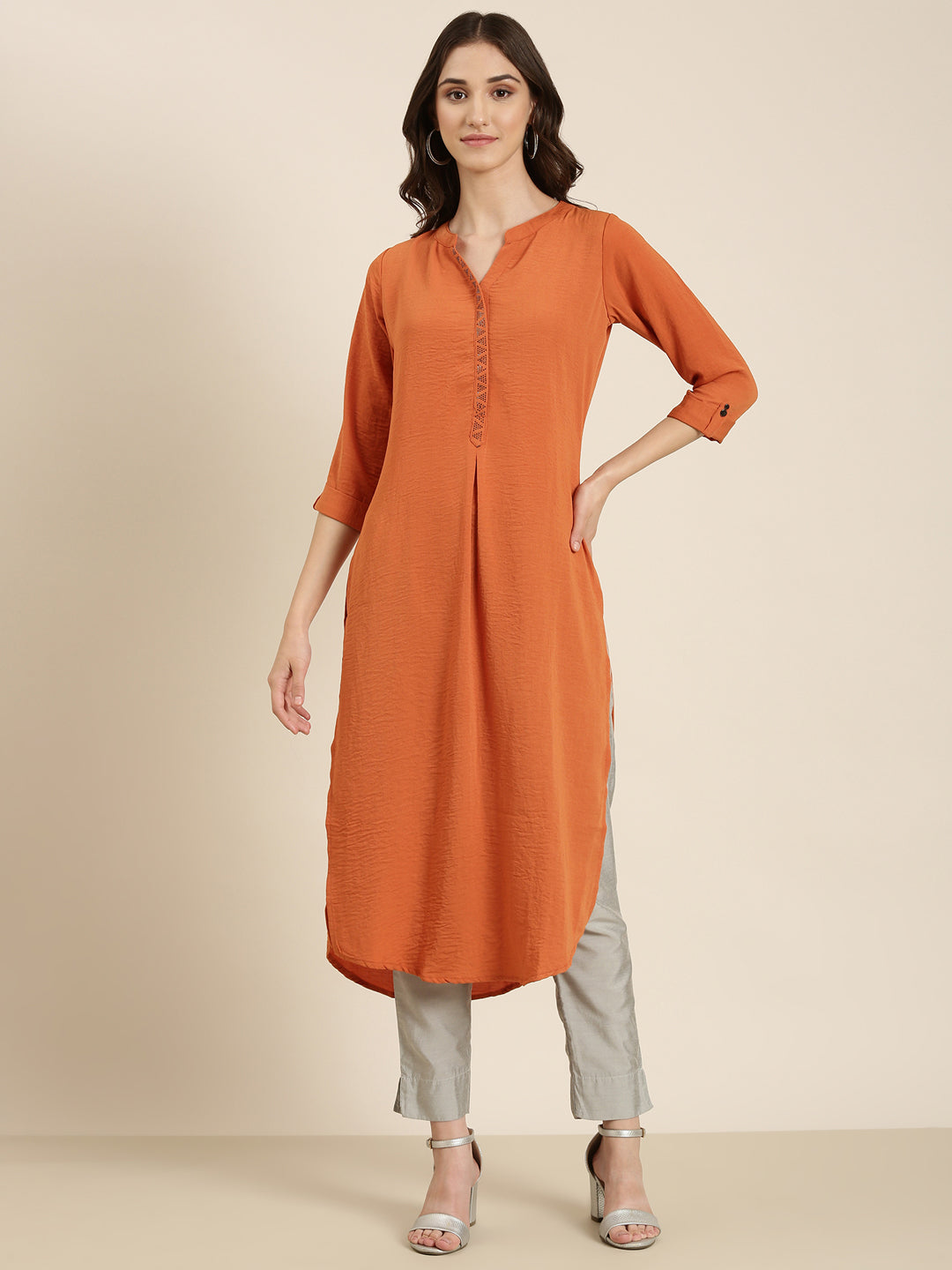 Women Rust Solid Straight Kurta