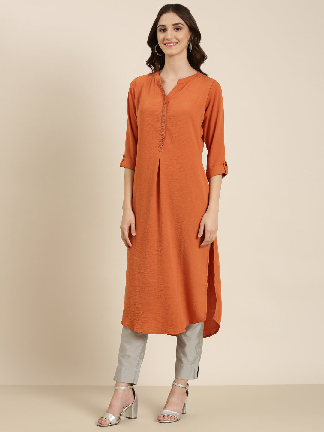 Women Rust Solid Straight Kurta