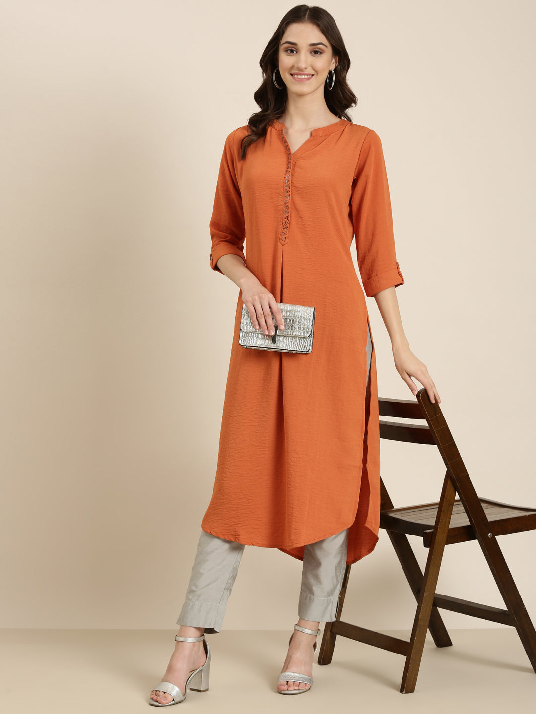 Women Rust Solid Straight Kurta