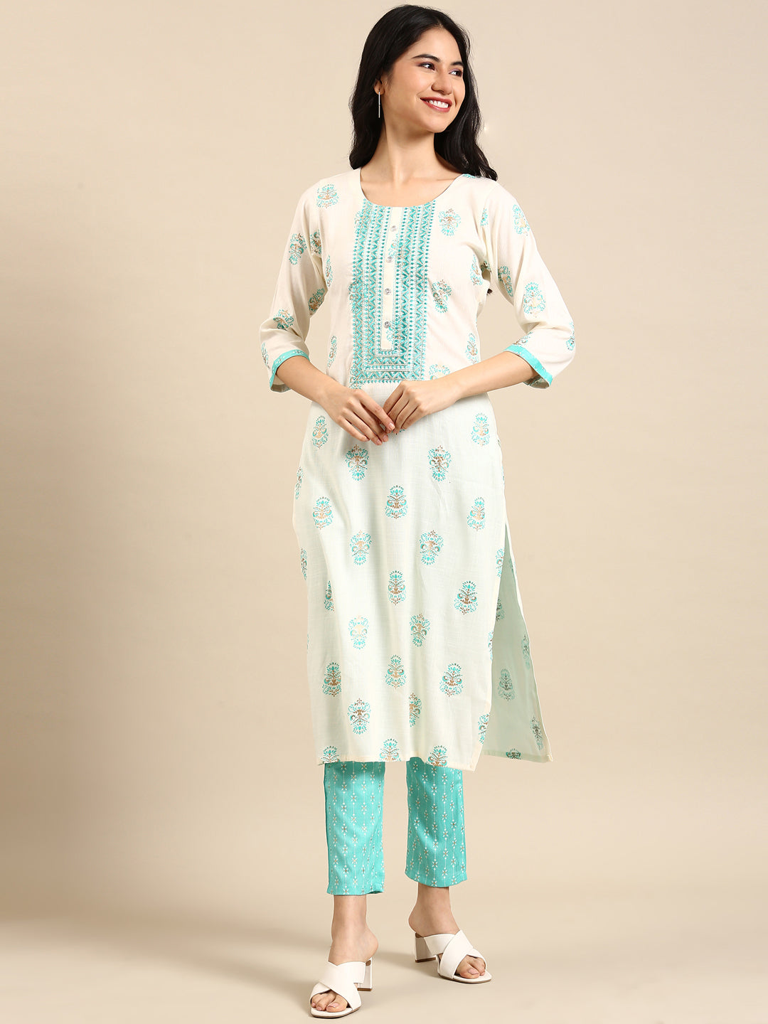 Women's Cream Floral Kurta Set