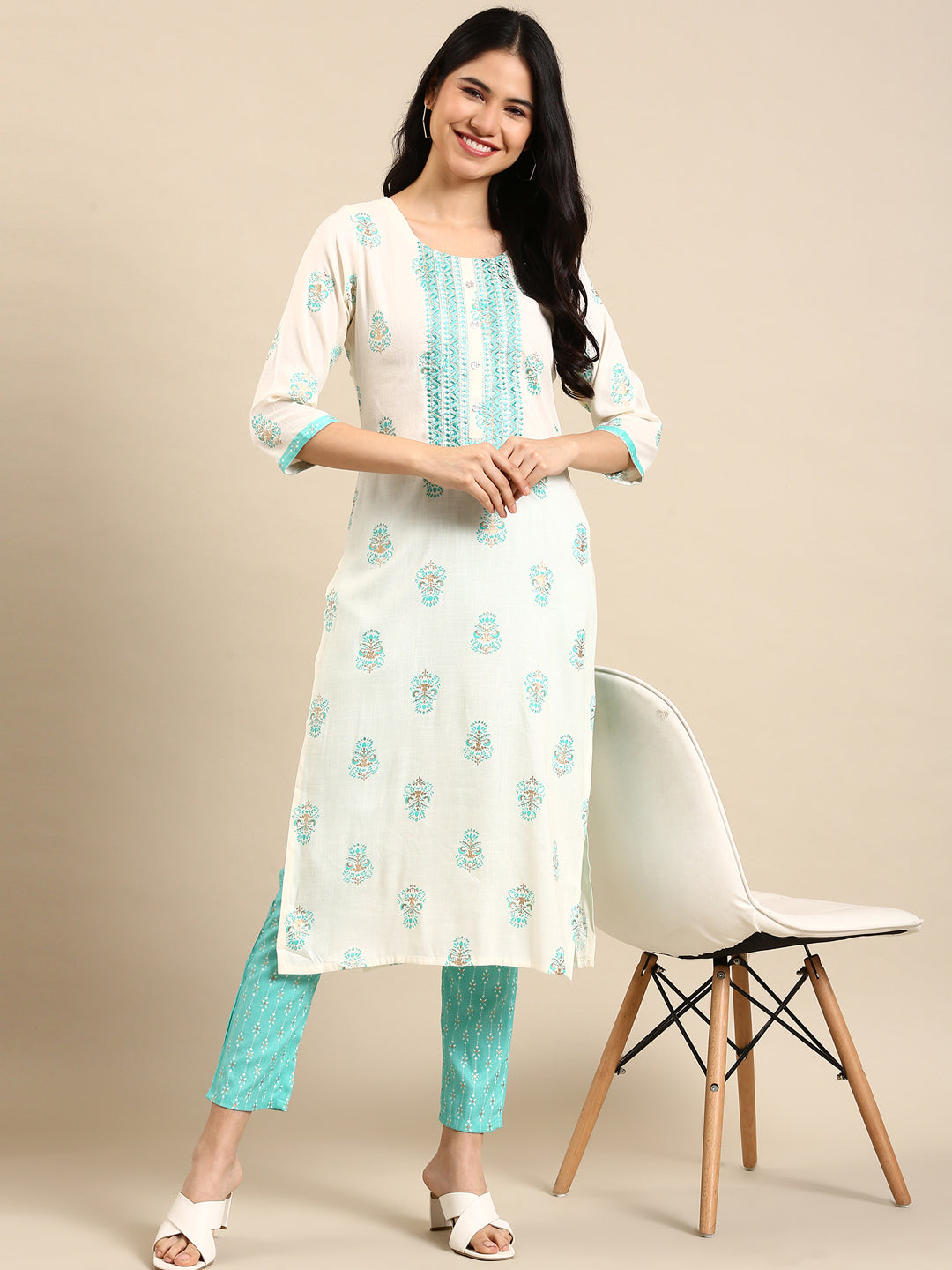 Women's Cream Floral Kurta Set