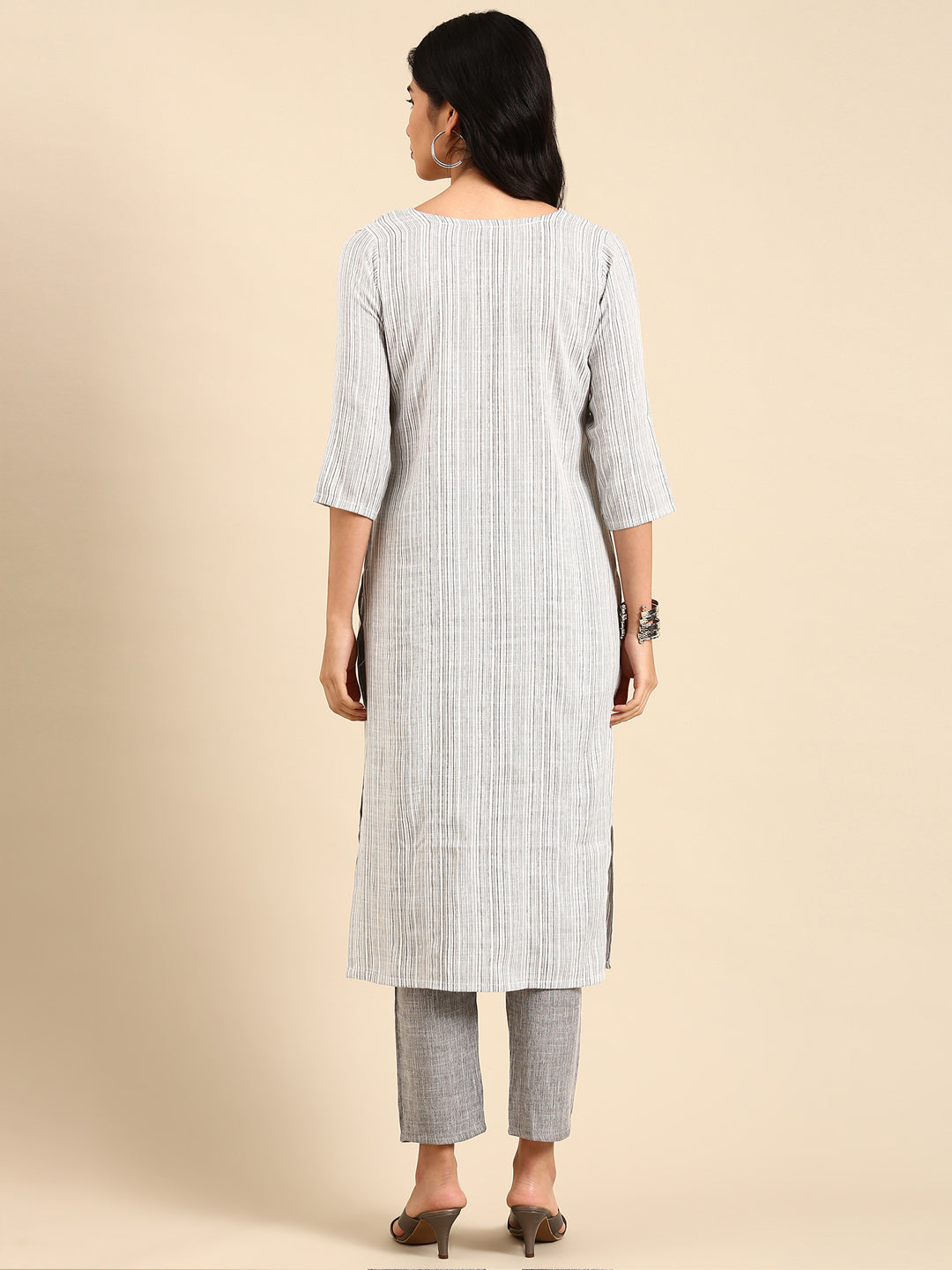 Women's Grey Striped Kurta Set