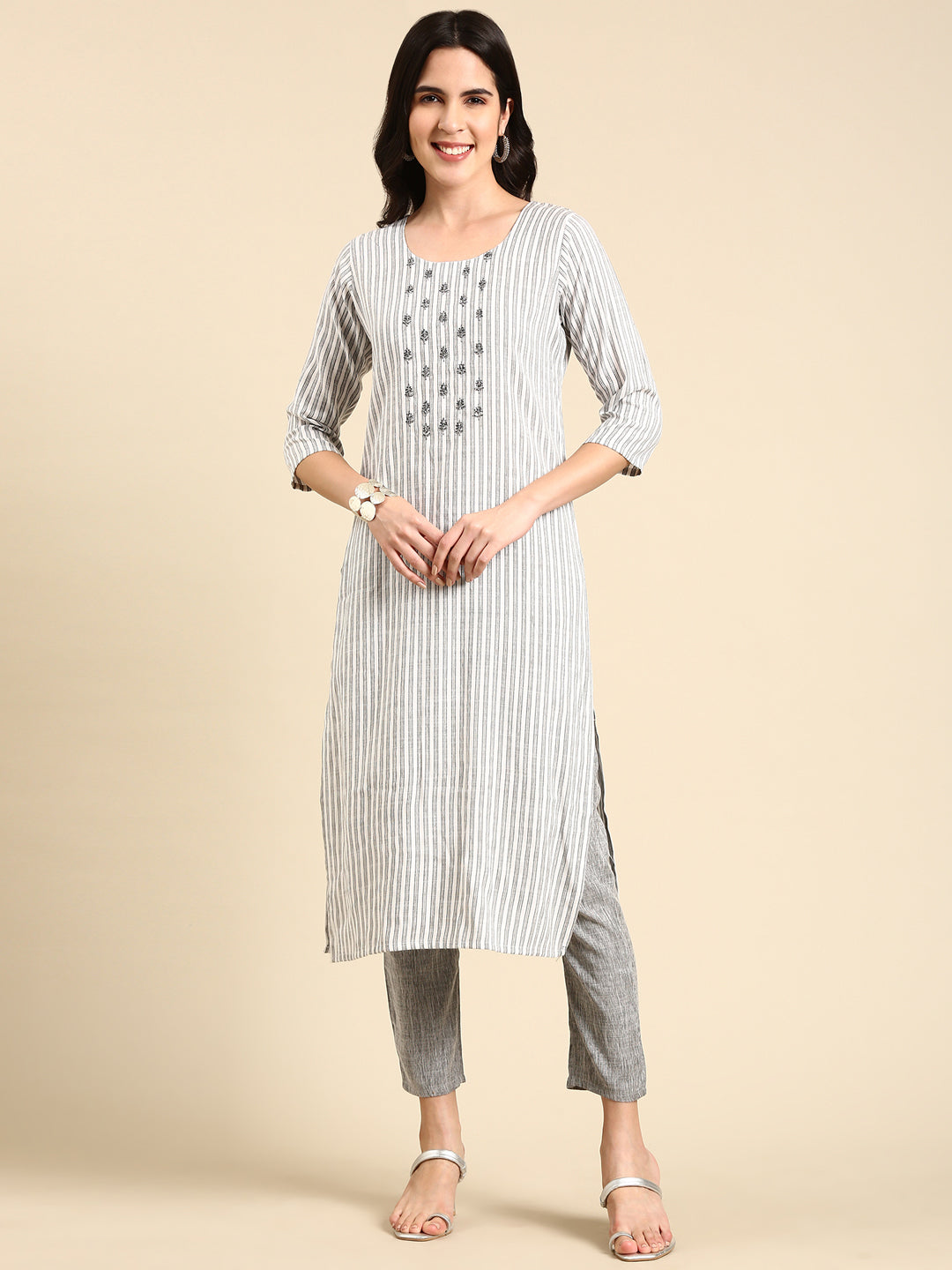 Women's White Striped Kurta Set