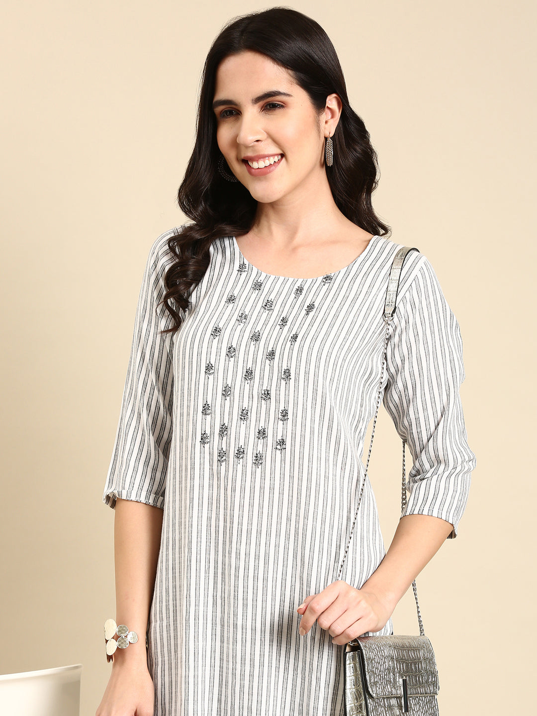 Women's White Striped Kurta Set