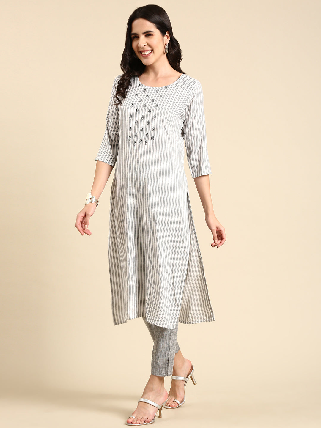 Women's White Striped Kurta Set