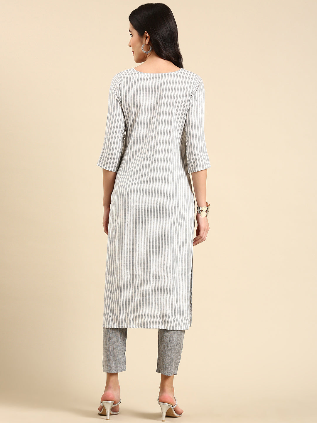 Women's White Striped Kurta Set