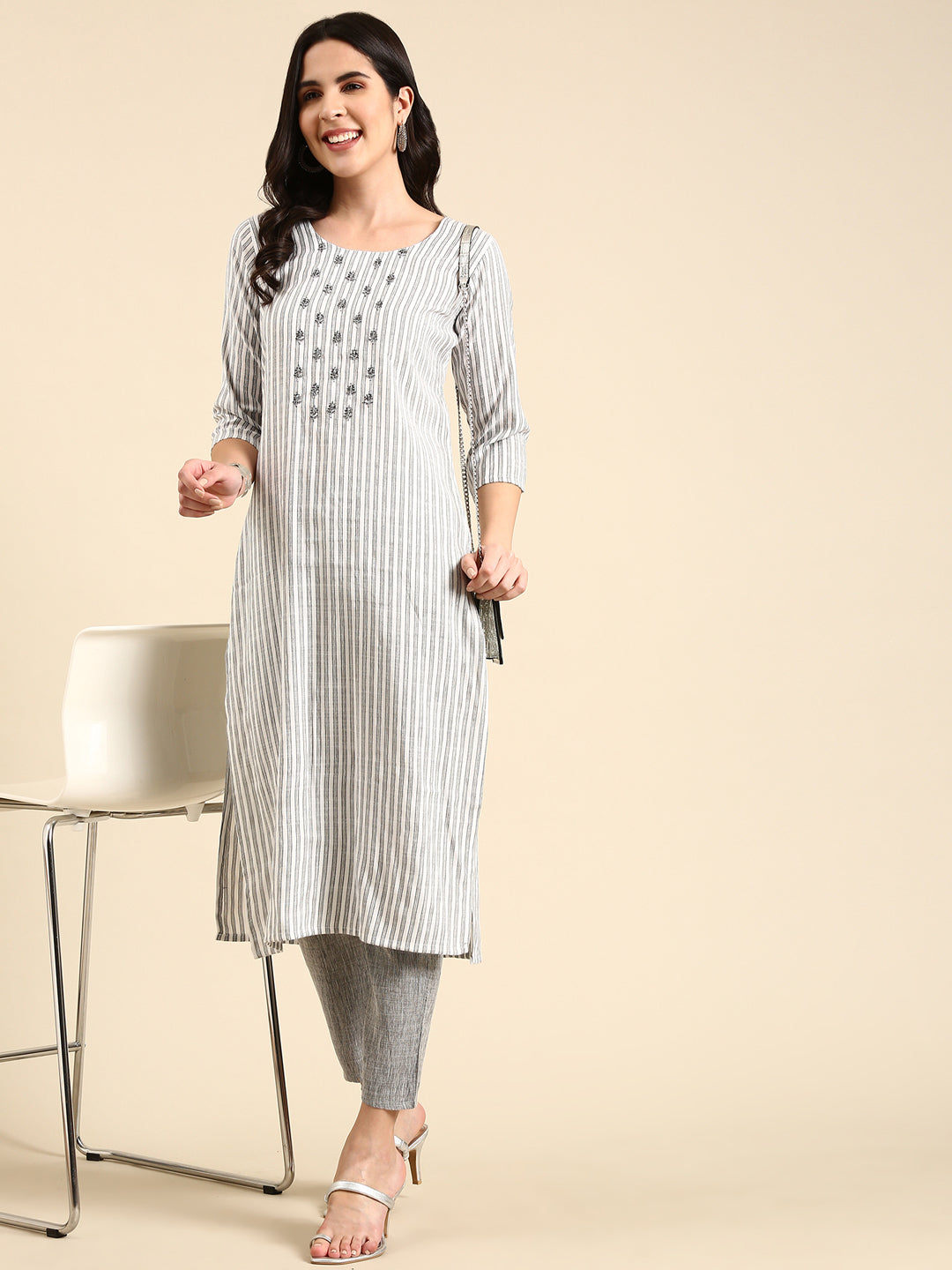 Women's White Striped Kurta Set