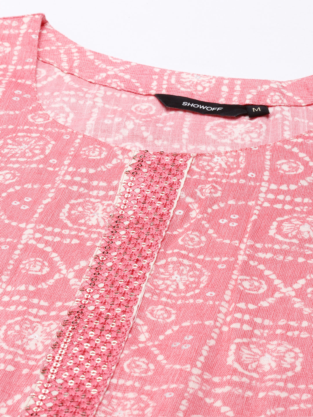 Women's Coral Bandhani Printed Sequinned Kurta Set With Dupatta