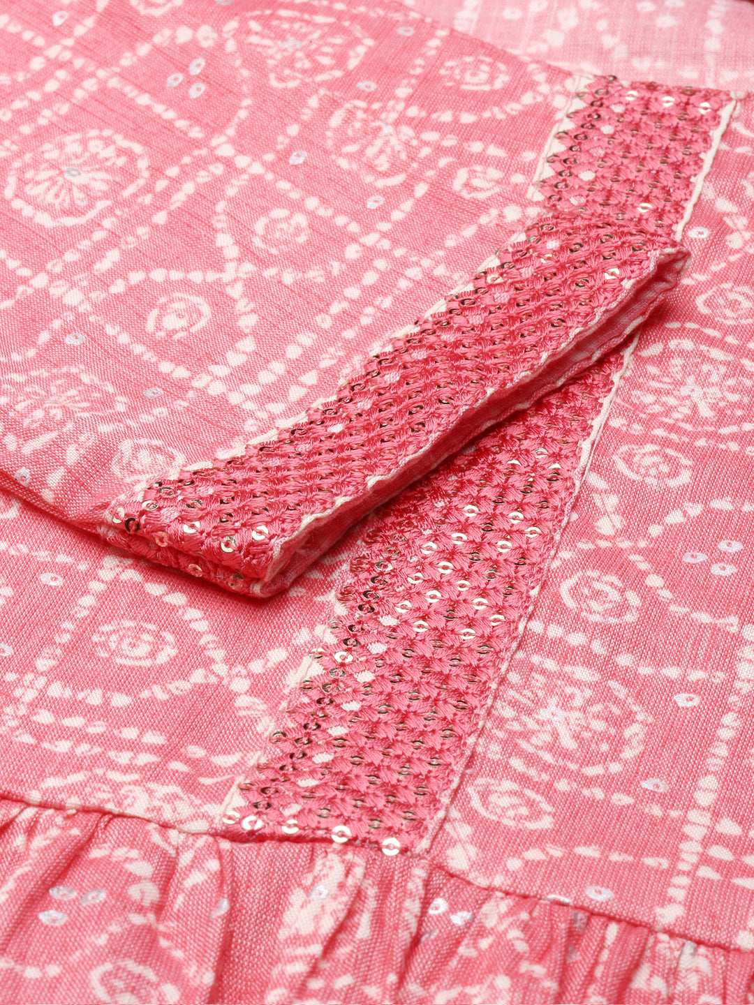 Women's Coral Bandhani Printed Sequinned Kurta Set With Dupatta